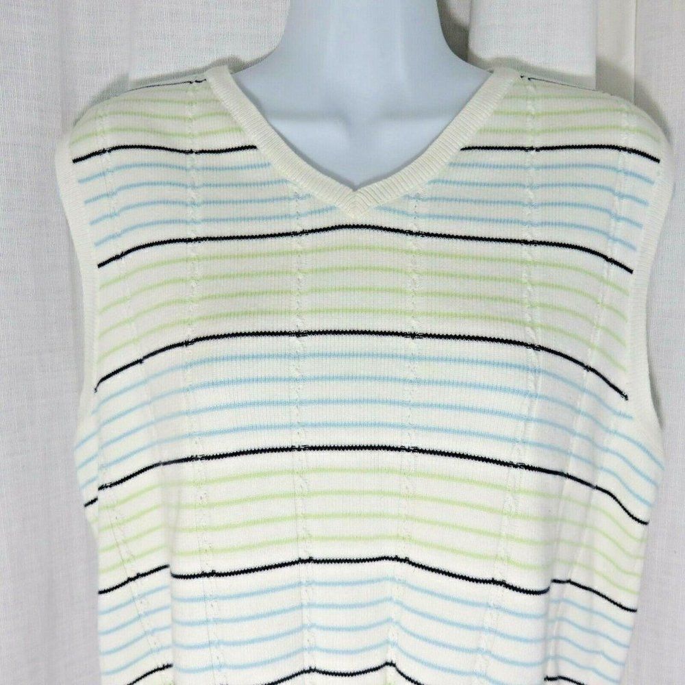Izod Golf M White Blue Green Striped Sweater Vest